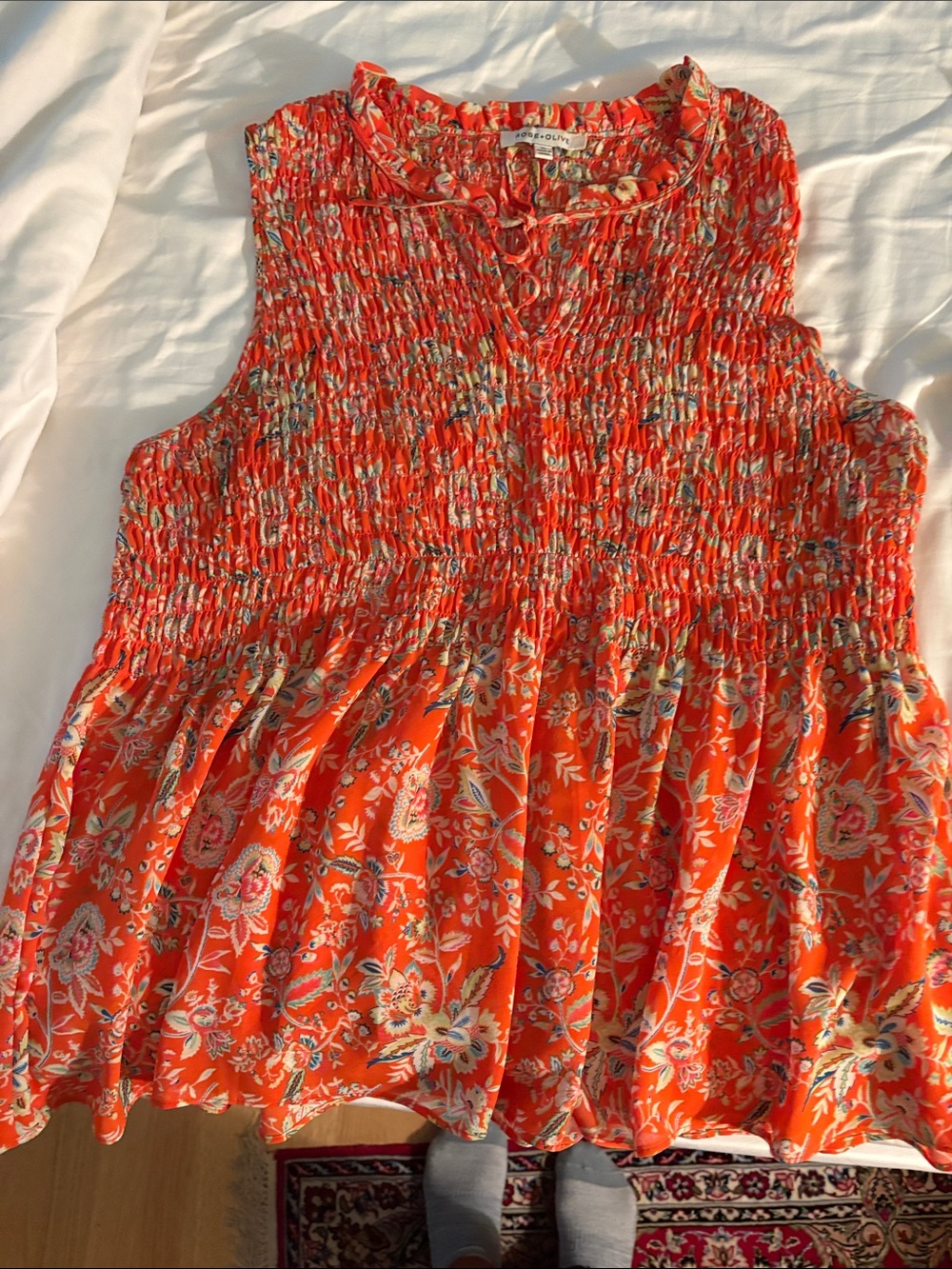 Rose & Olive Bright Orange Floral Smocked Peplum Dress